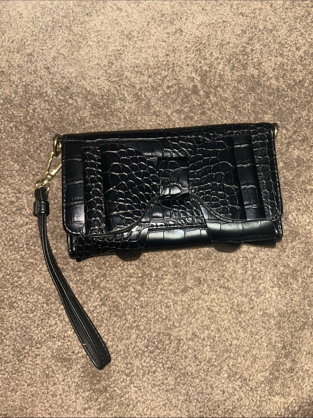 Betsey Johnson Black Croc-Embossed Wristlet Phone Case with Detachable Strap